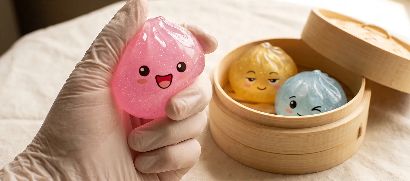A classic palm-sized dumpling squishy being squeezed in one hand