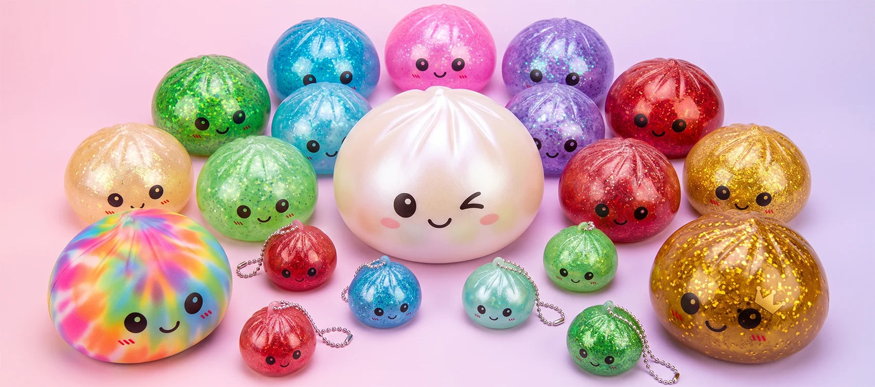 A collection of dumpling squishies in different sizes and colors including mini, jumbo and glitter editions