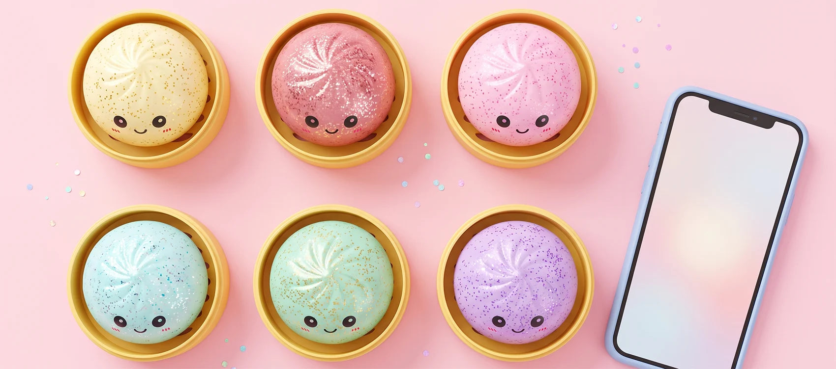 Flat-lay of pastel dumpling squishy toys arranged for a TikTok-style photo