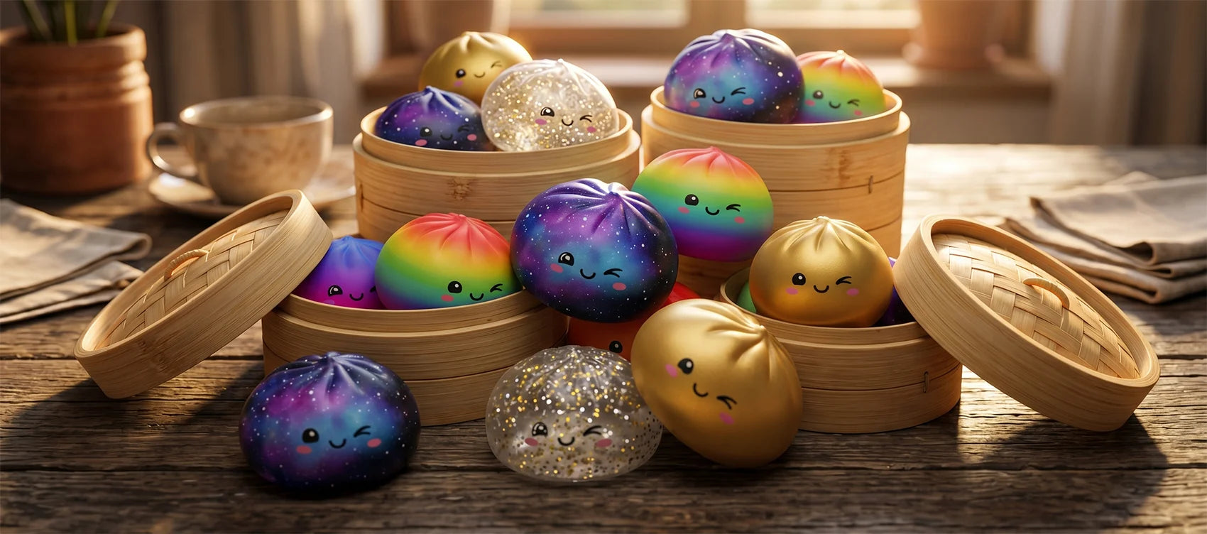 A pile of limited-edition galaxy, metallic gold and rainbow gradient dumpling squishies in stacked bamboo steamers