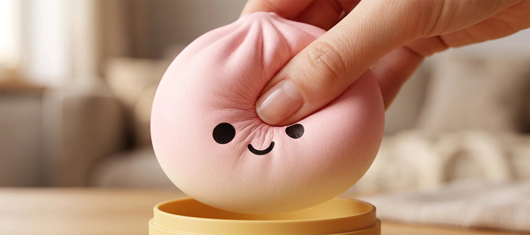 Close-up of a hand squeezing a soft slow-rise dumpling squishy showing its texture