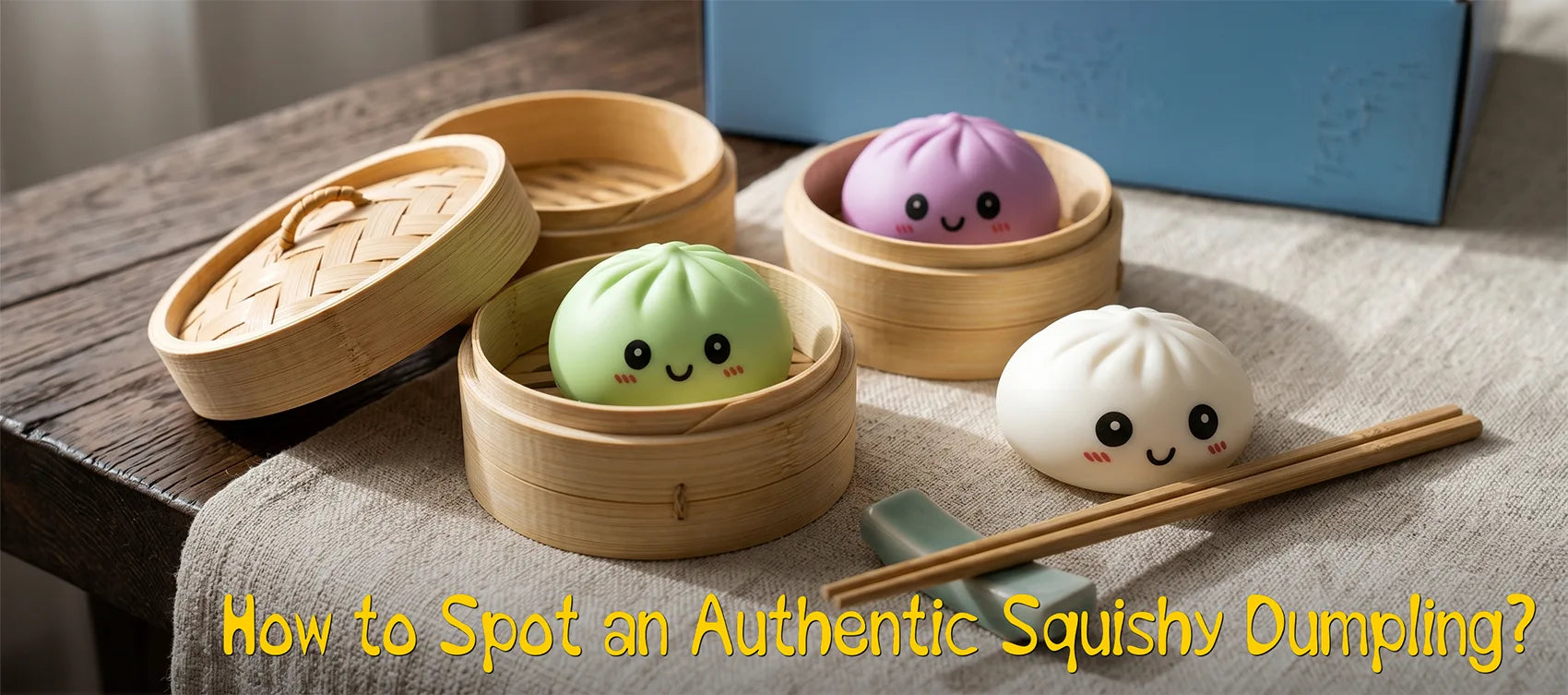 A light green and a purple dumpling squishy in bamboo steamers on linen with chopsticks