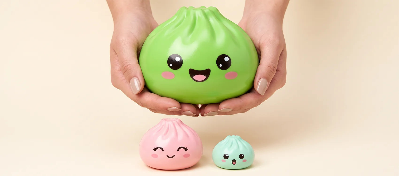 A giant green dumpling squishy held in two hands next to a much smaller mini squishy