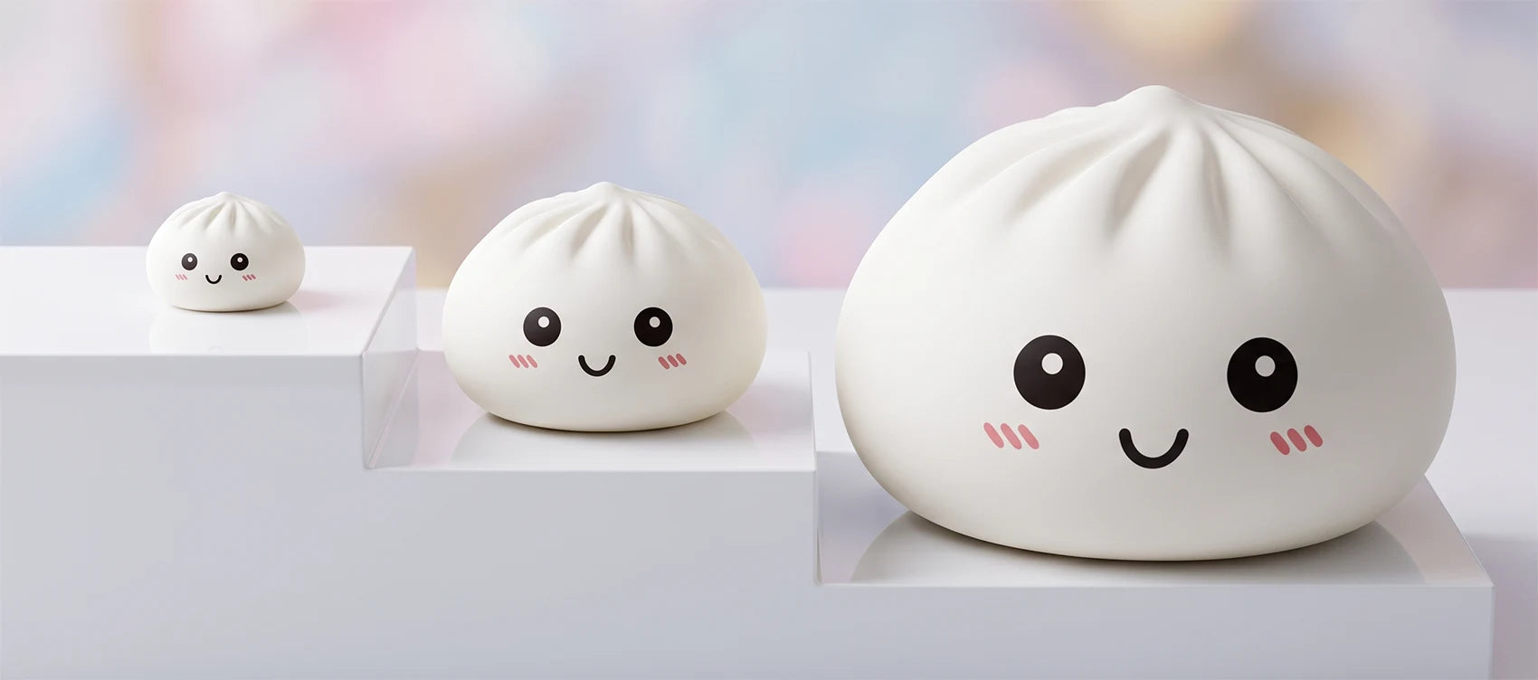 Three white kawaii dumpling squishies lined up by size from mini to giant on a stepped white display
