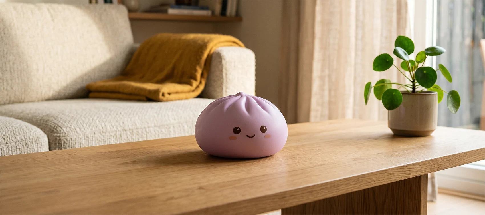 A pastel purple dumpling squishy with a gentle smile on an oak coffee table in a bright living room