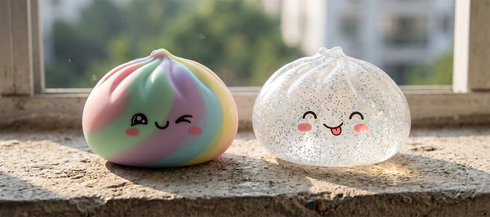A pastel tie-dye rainbow dumpling squishy and a translucent silver glitter one on a sunny stone windowsill