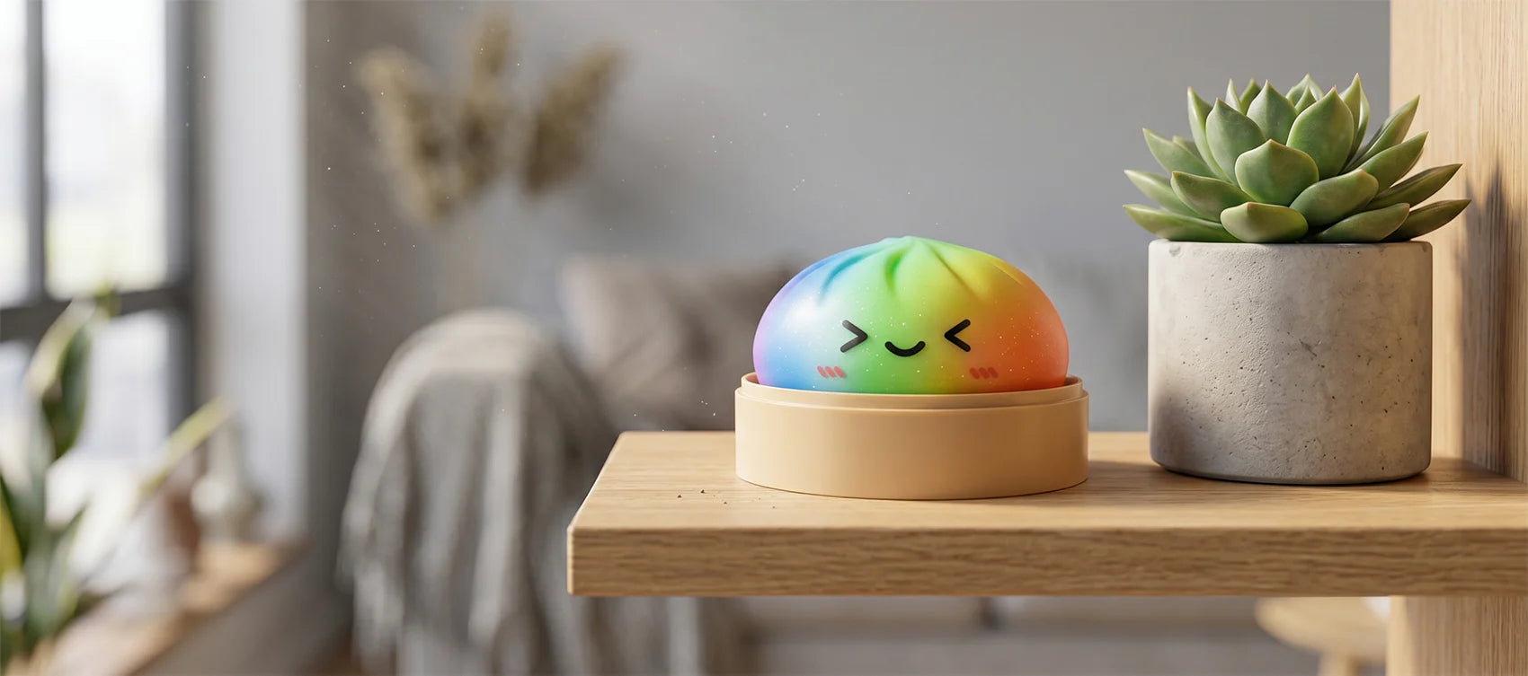 A rainbow gradient dumpling squishy with a kawaii face in a bamboo steamer on a wooden shelf beside a succulent