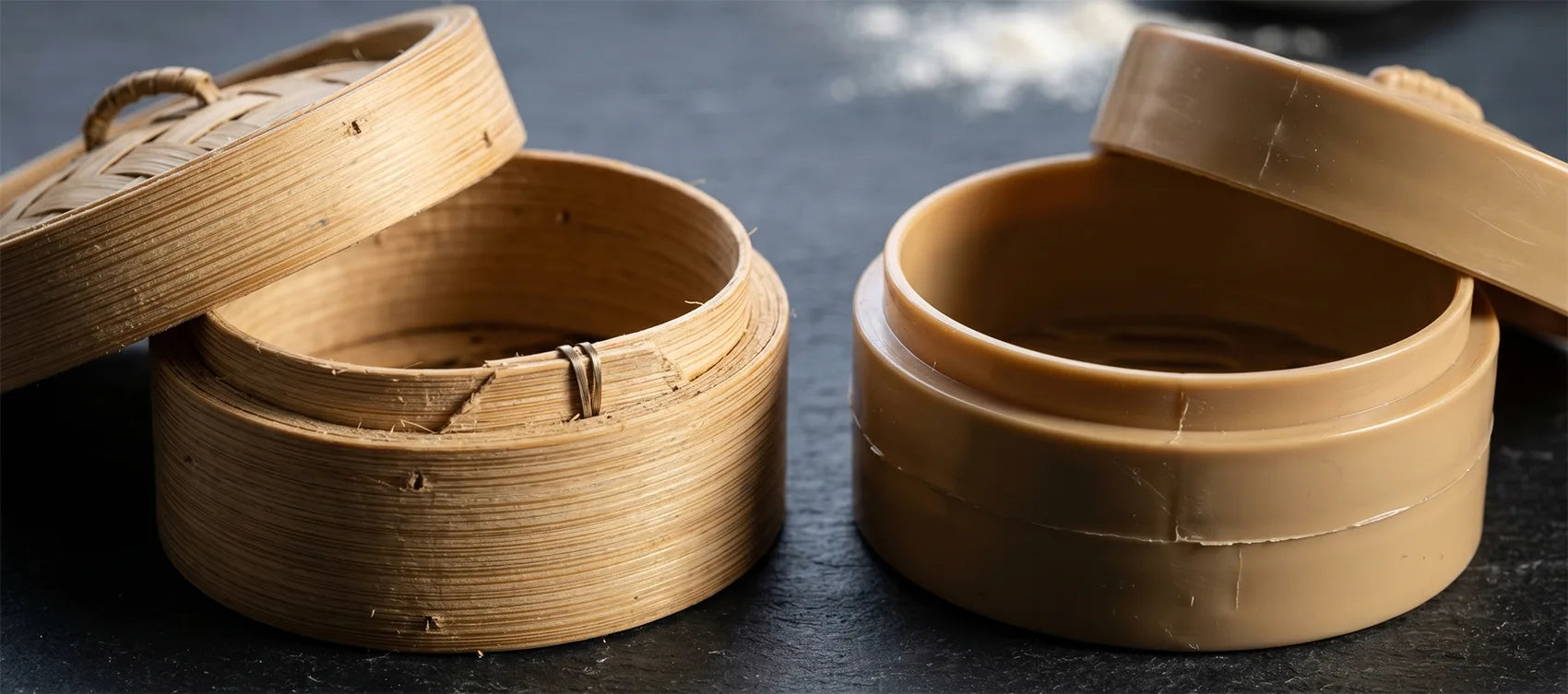 Close-up contrast between a genuine woven bamboo steamer basket and a cheap smooth plastic imitation