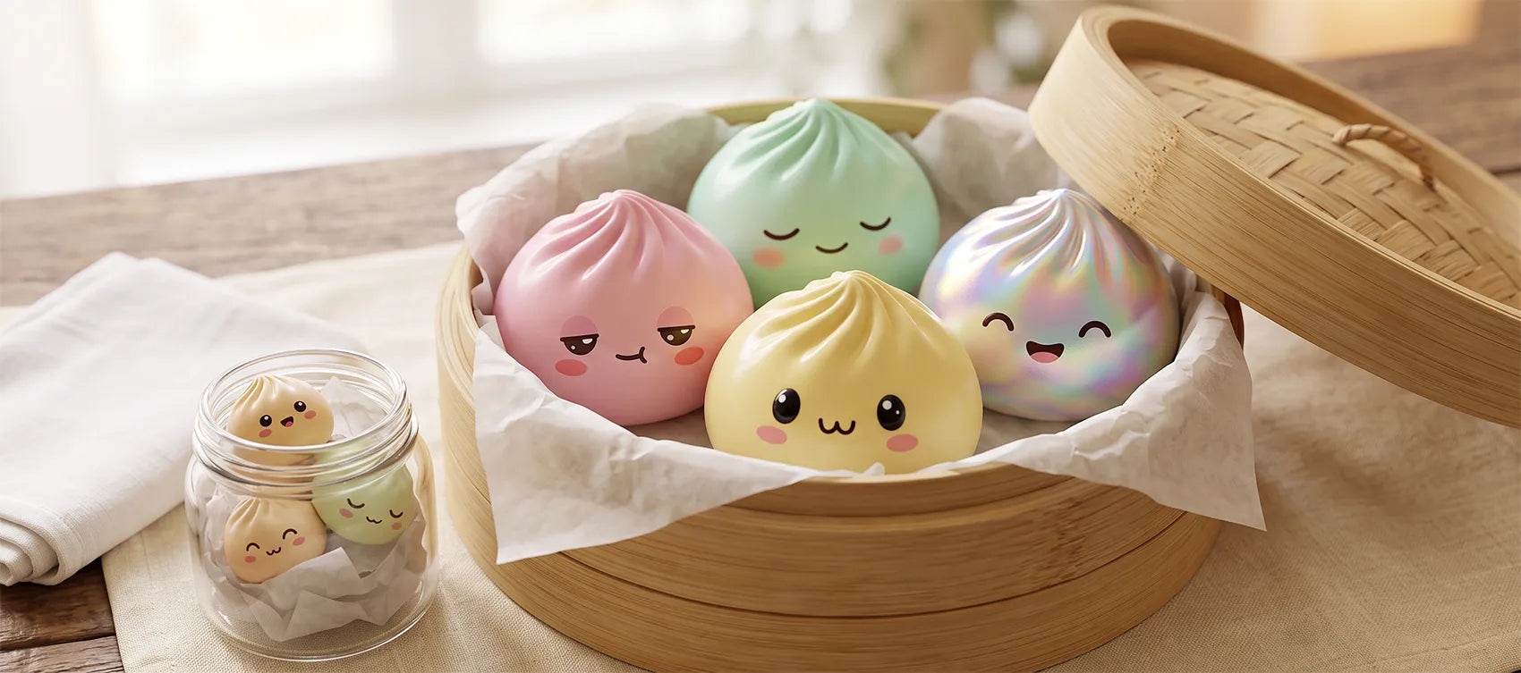 Four pastel dumpling squishies stored in a bamboo steamer lined with tissue paper, minis in a glass jar